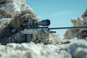 Camouflaged soldier lying down with sniper rifle in rocky terrain under clear b, a Photo by AlyaAnd