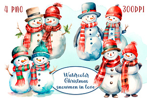 Watercolor Christmas Snowmen In Love