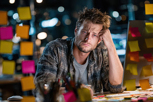 Tired man working late surrounded by, a Photo by Pixeness Studio