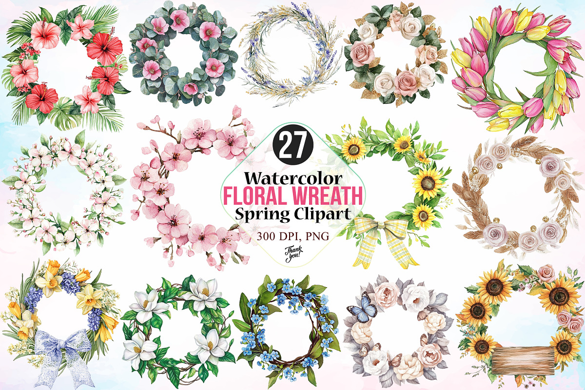 Watercolor Floral Wreath Spring PNG, an Illustration by Canvas Craft (Photo 1 of 3)