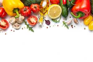 Fresh vegetables and healthy ingredients preparing salad meal, a Food & Drink Photo by Olena Rudo