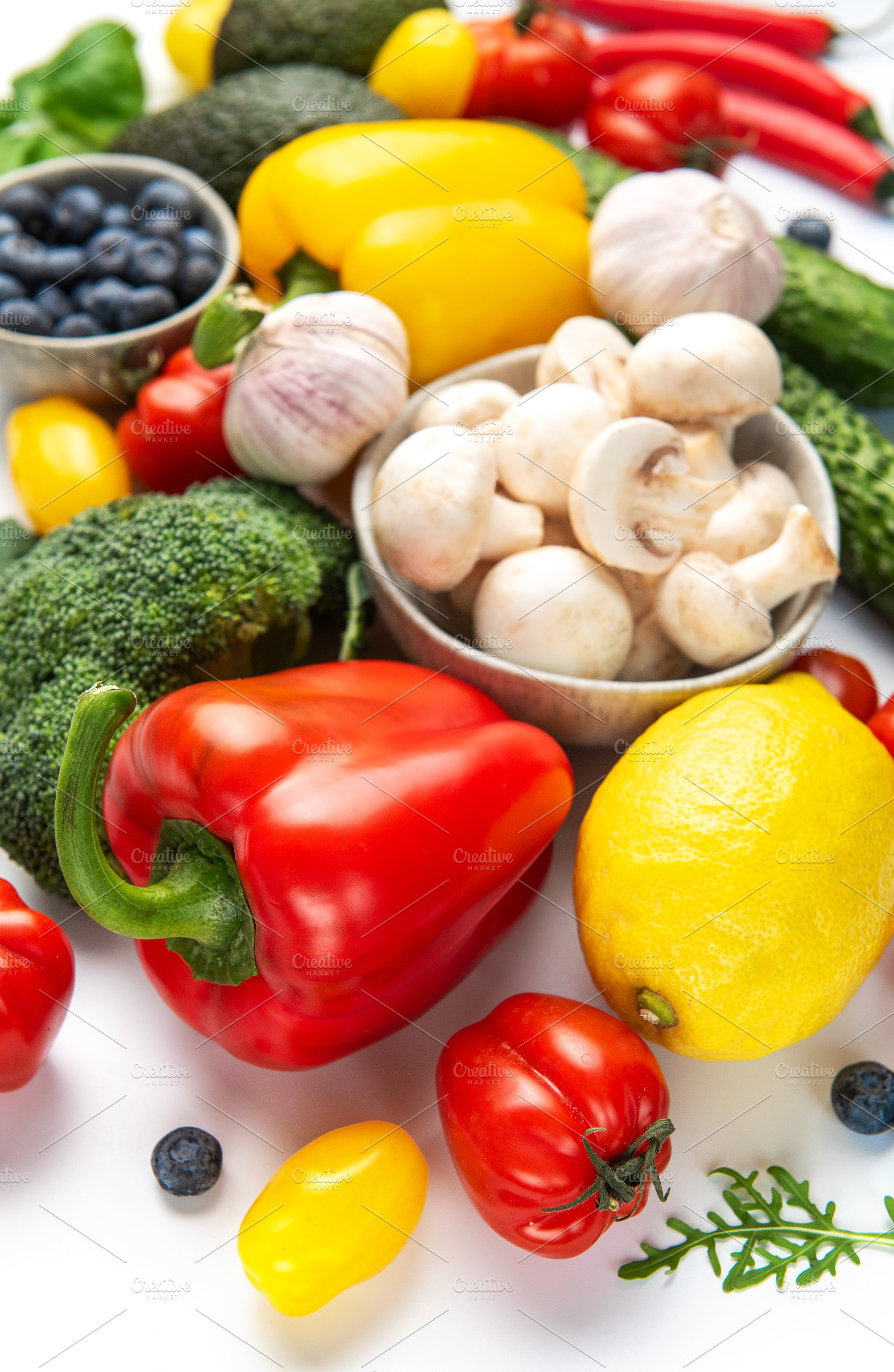 Healthy eating concept with fresh colorful vegetables and fruits, a Food & Drink Photo by Olena Rudo