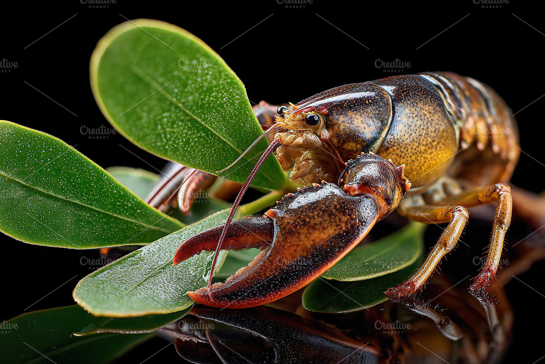 Lively crayfish perched on green leaves in a natural setting, an Animal Photo by AlyaAnd