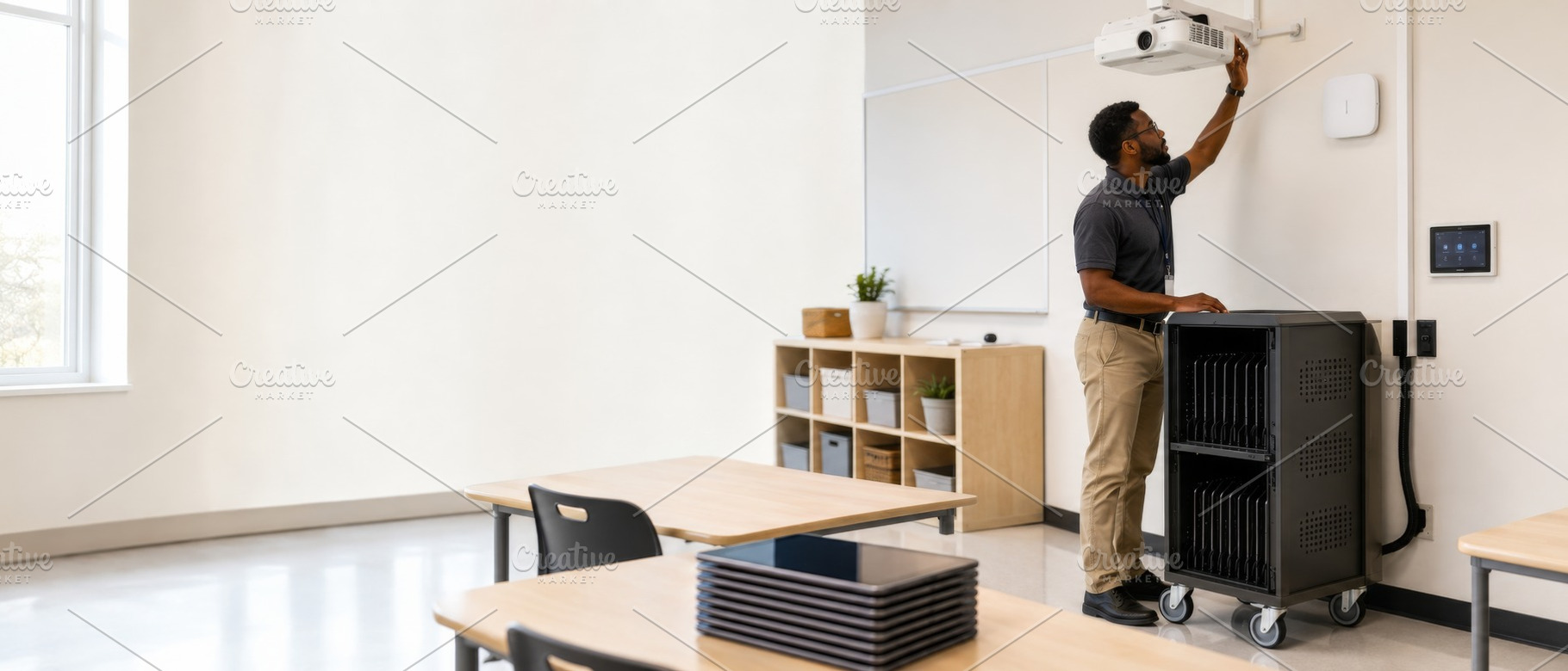 Classroom setup with man adjusting p, a Photo by Dvoevnore photos