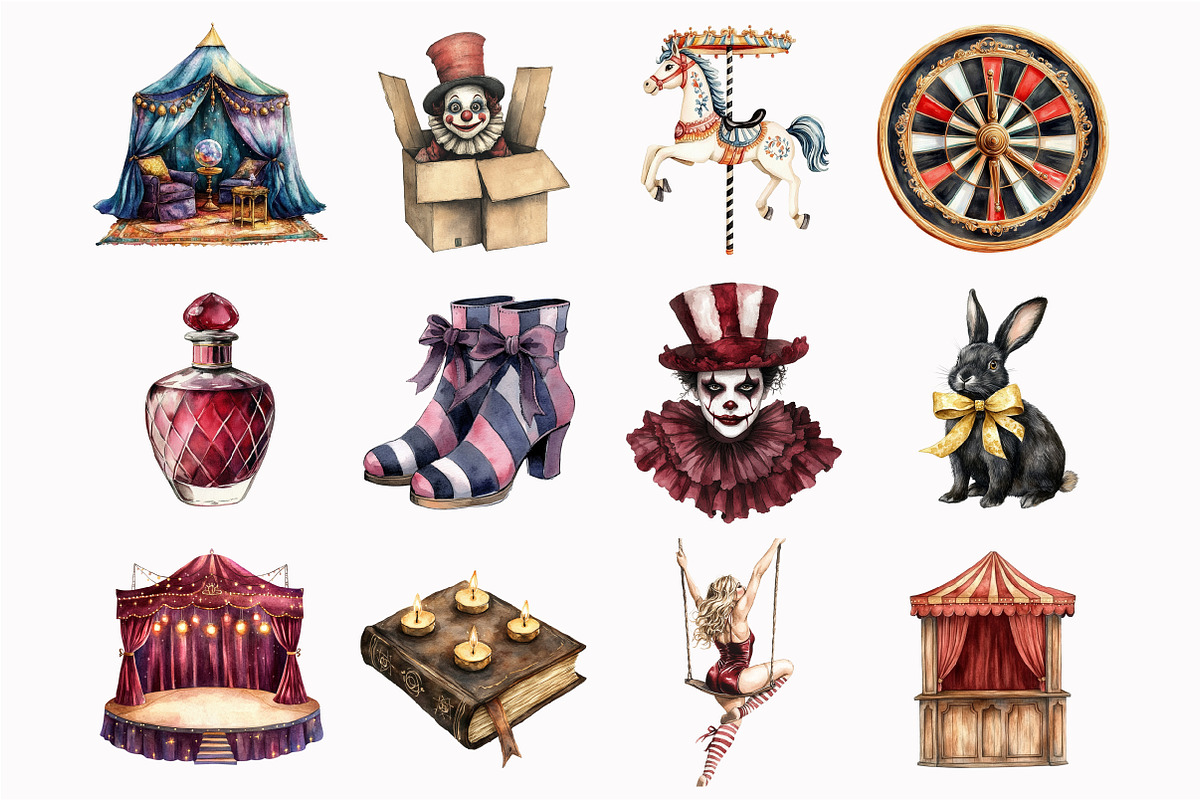 Watercolor Dark Circus Clipart, an Illustration by Design Market (Photo 2 of 5)