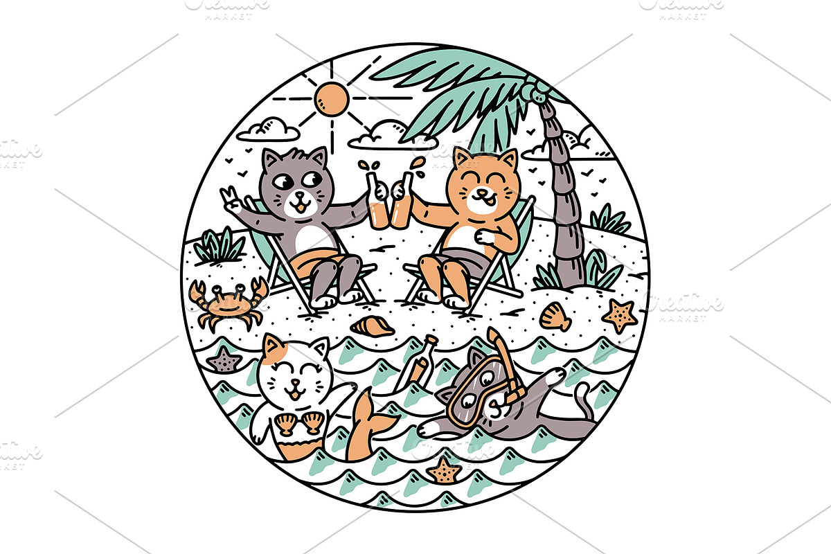 A group of cats on the beach, an Animal Illustration by gunaonedesign (Photo 1 of 4)