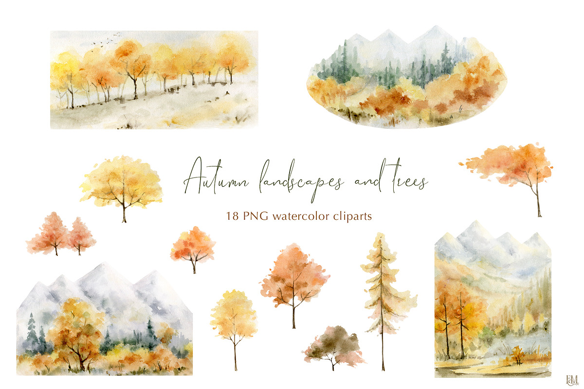 Watercolor fall landscapes & trees., an Illustration by Elena Medvedeva (Photo 1 of 8)