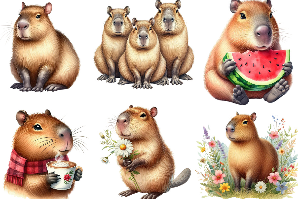 Capybara Watercolor Clipart, an Illustration by Designking (Photo 2 of 5)