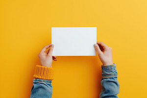 Female hands with blank paper card on yellow background, a Photo by AlyaAnd