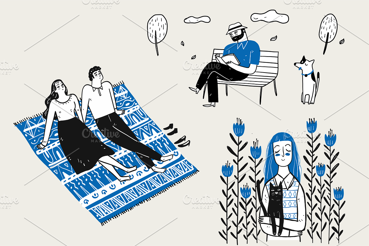 ○♡happy relaxation 絵画原画 Relaxation moments illustrations set | Creative Market