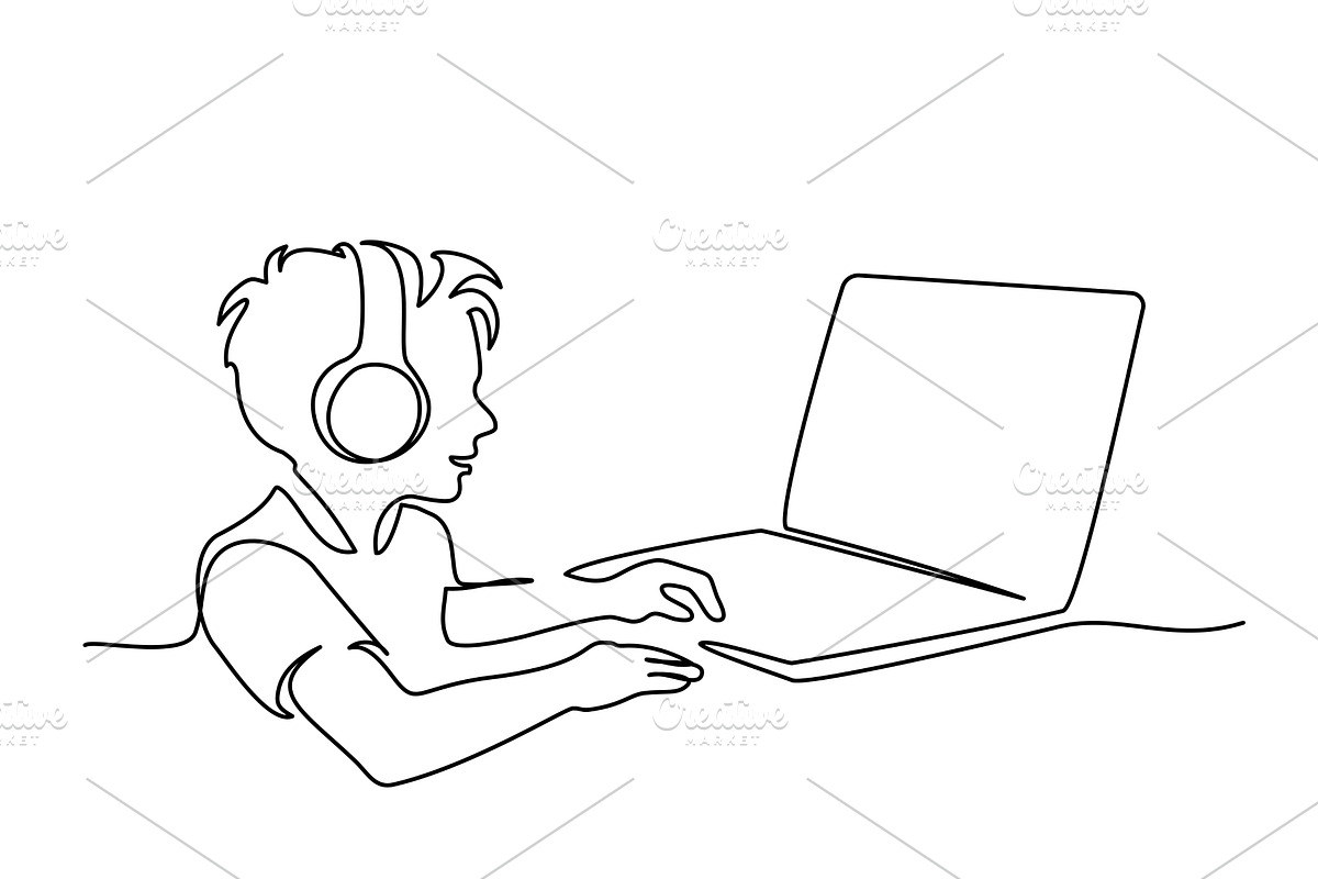 Child boy study at home using, a Person Illustration by Valenty