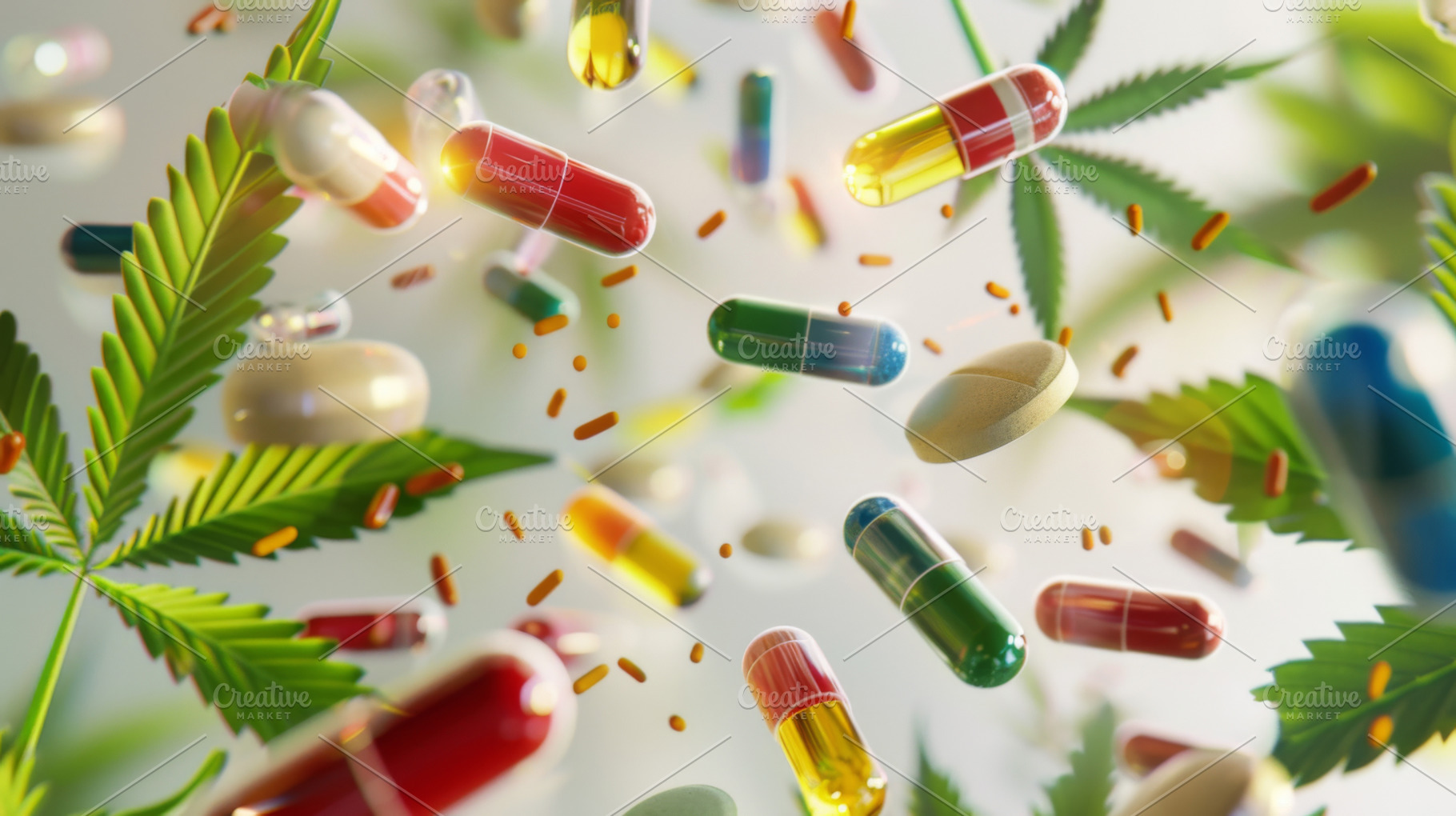 Colorful pills and cannabis leaves scattered on white background, a Photo by Dvoevnore photos