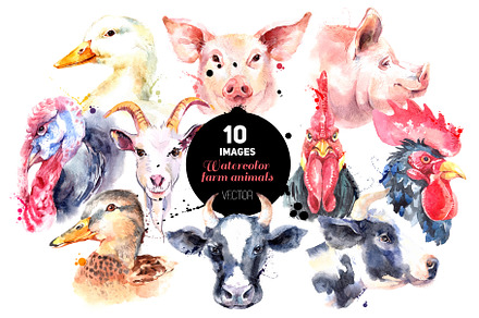 Watercolor Farm Animal Vector Set
