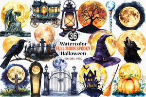 Full Moon Spooky Halloween Clipart, an Illustration by Canvas Craft