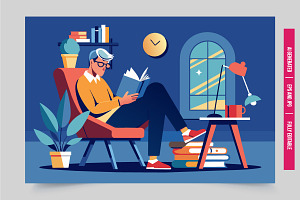 Man chair book lamp night stars, an Illustration by Tanuart