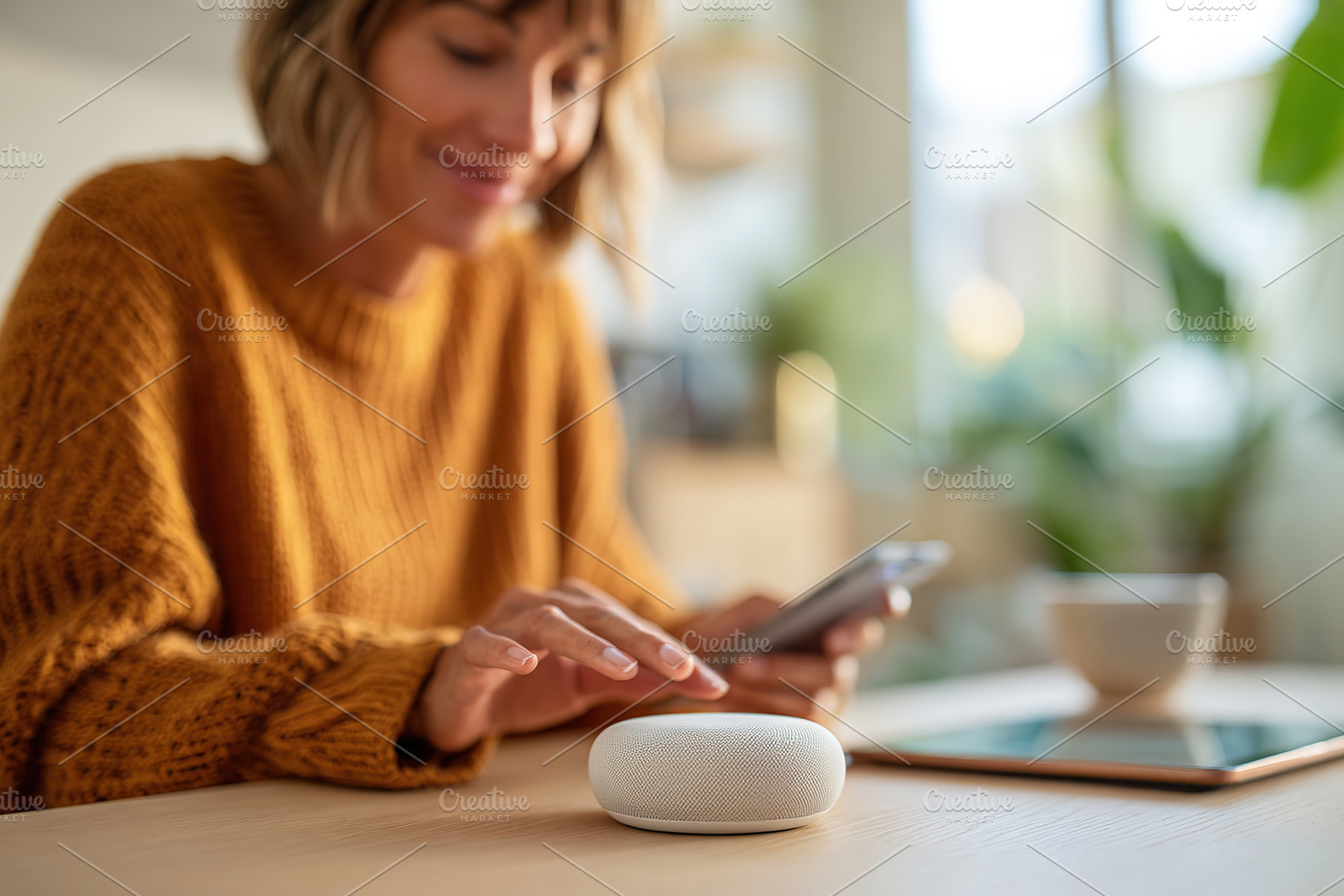 Woman using smart speaker while sitting at a cozy table with a phone and tablet, a Person Photo by AlyaAnd