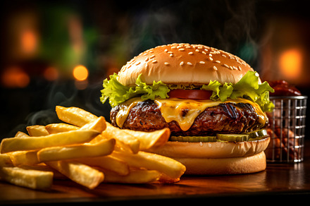Bacon burger with beef patty potato, a Food & Drink Photo by shahsoft