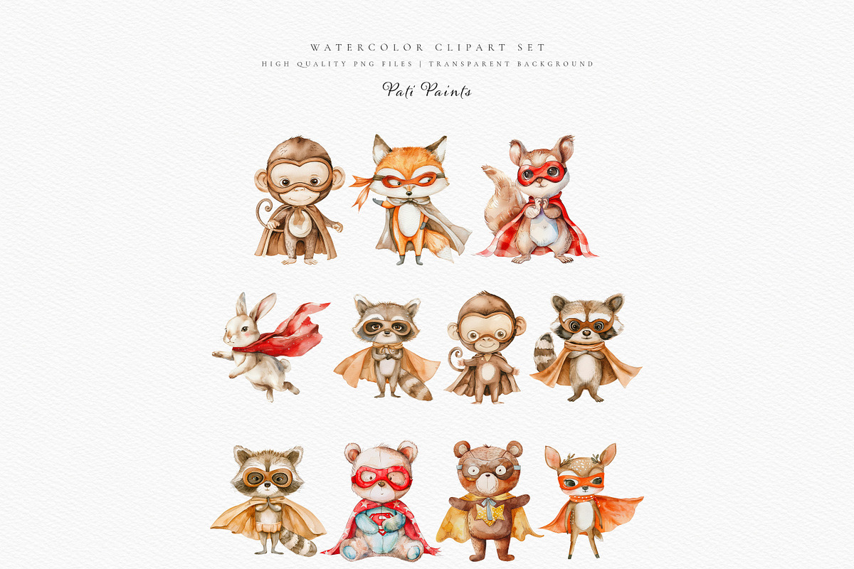 Watercolor Superhero Clipart Set, an Animal Illustration by Pati Paints (Photo 5 of 9)