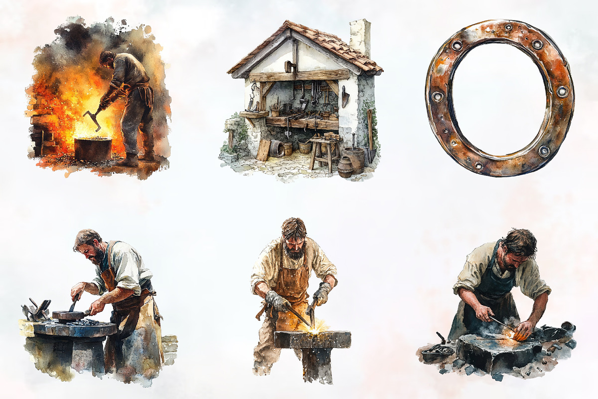 Blacksmith Watercolor Cliparts, an Illustration by RobertsArt (Photo 3 of 7)