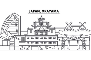 Japan, Okayama line skyline vector illustration. Japan, Okayama linear cityscape with famous landmarks, city sights, vector landscape. 