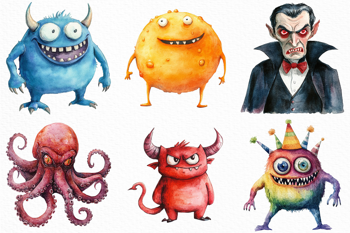 Watercolor Halloween Monster Clipart, an Illustration by Craft Nest (Photo 2 of 6)