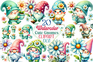 Watercolor Cute Gnomes with Daisy, an Illustration by DreamCafeArt