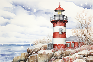 Watercolor Snowy Lighthouse