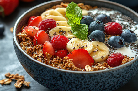 Vibrant fruit and granola bowl with, a Background Photo by Pixeness