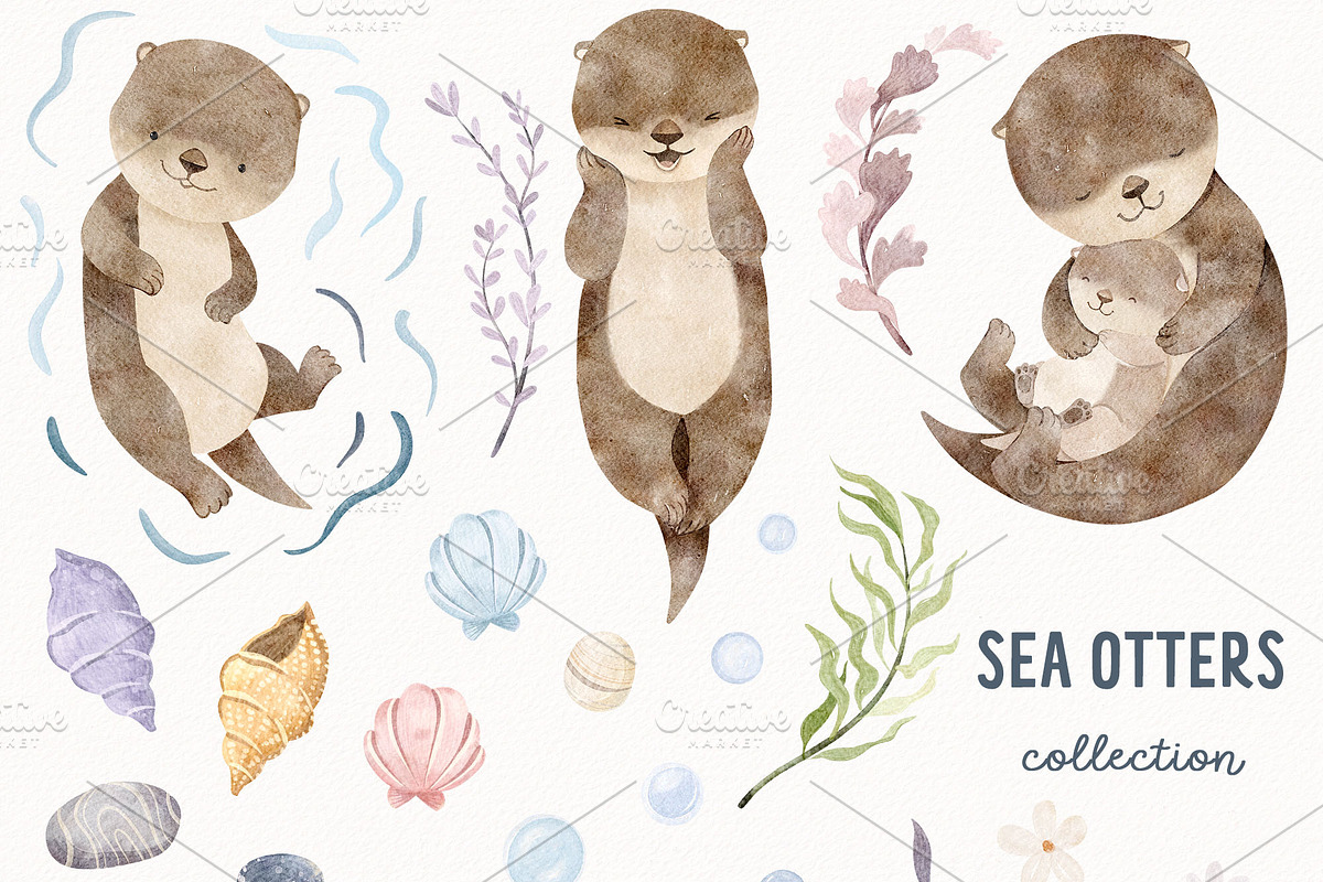 Lovely sea otters animal clipart, an Animal Illustration by Watercolor Nastasia Art (Photo 2 of 5)