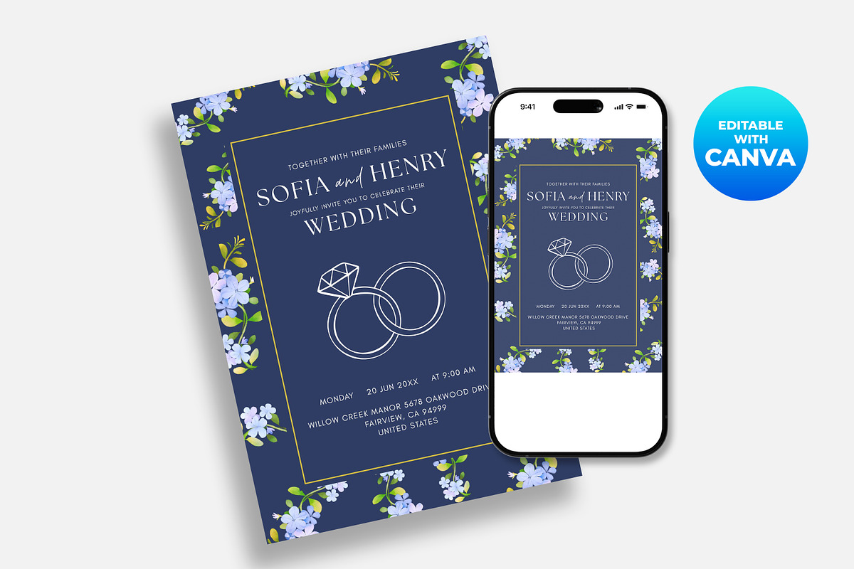 Navy Blue Floral Wedding Invitation, an Invitation Template by M9 Design (Photo 3 of 5)