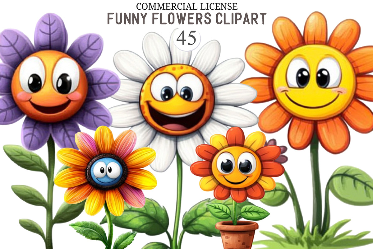 Watercolor Funny Flowers Clipart, an Illustration by designcity5 (Photo 1 of 5)
