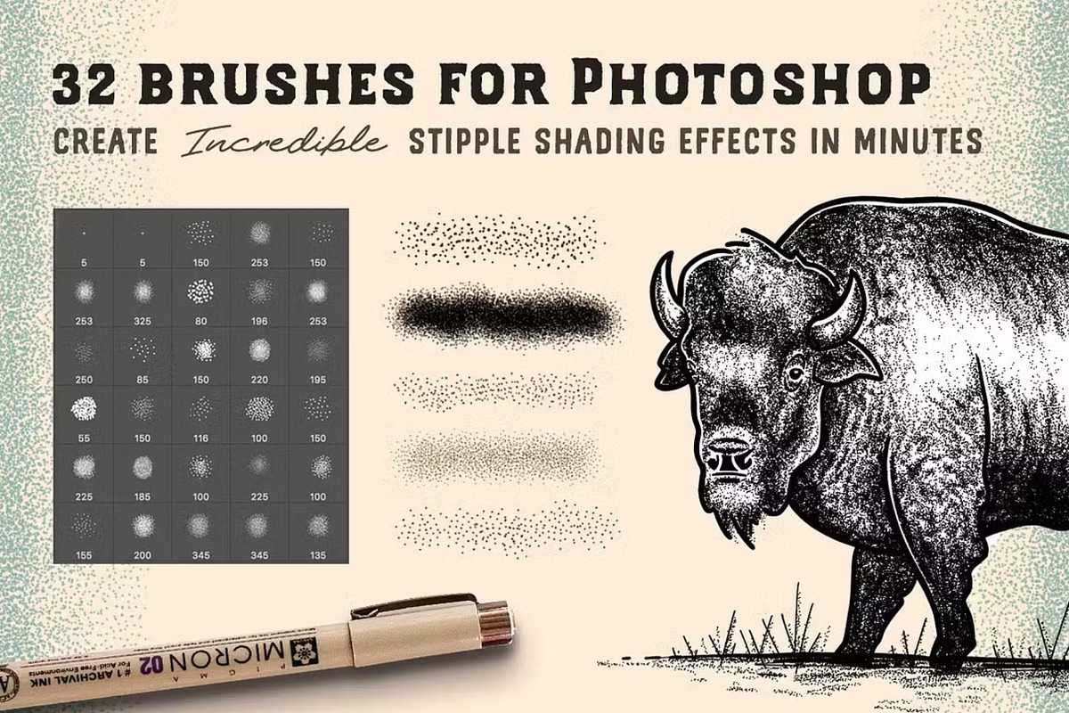 Stipple Brushes Photoshop And AI, a Brush Add-On by GearShift (Photo 2 of 4)