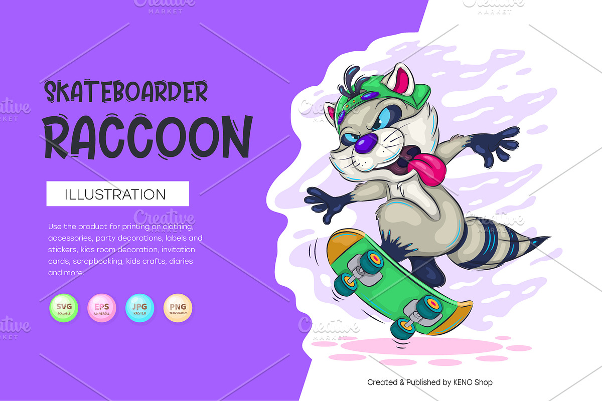 Cartoon raccoon skateboarder. Tshirt, an Animal Illustration by KENO Mascots (Photo 1 of 7)