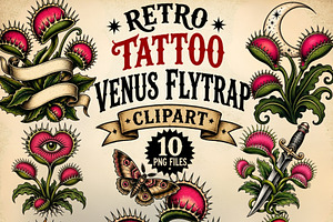 Retro Tattoo Venus Flytrap Clipart, a Seasonal Illustration by Tanya Kart