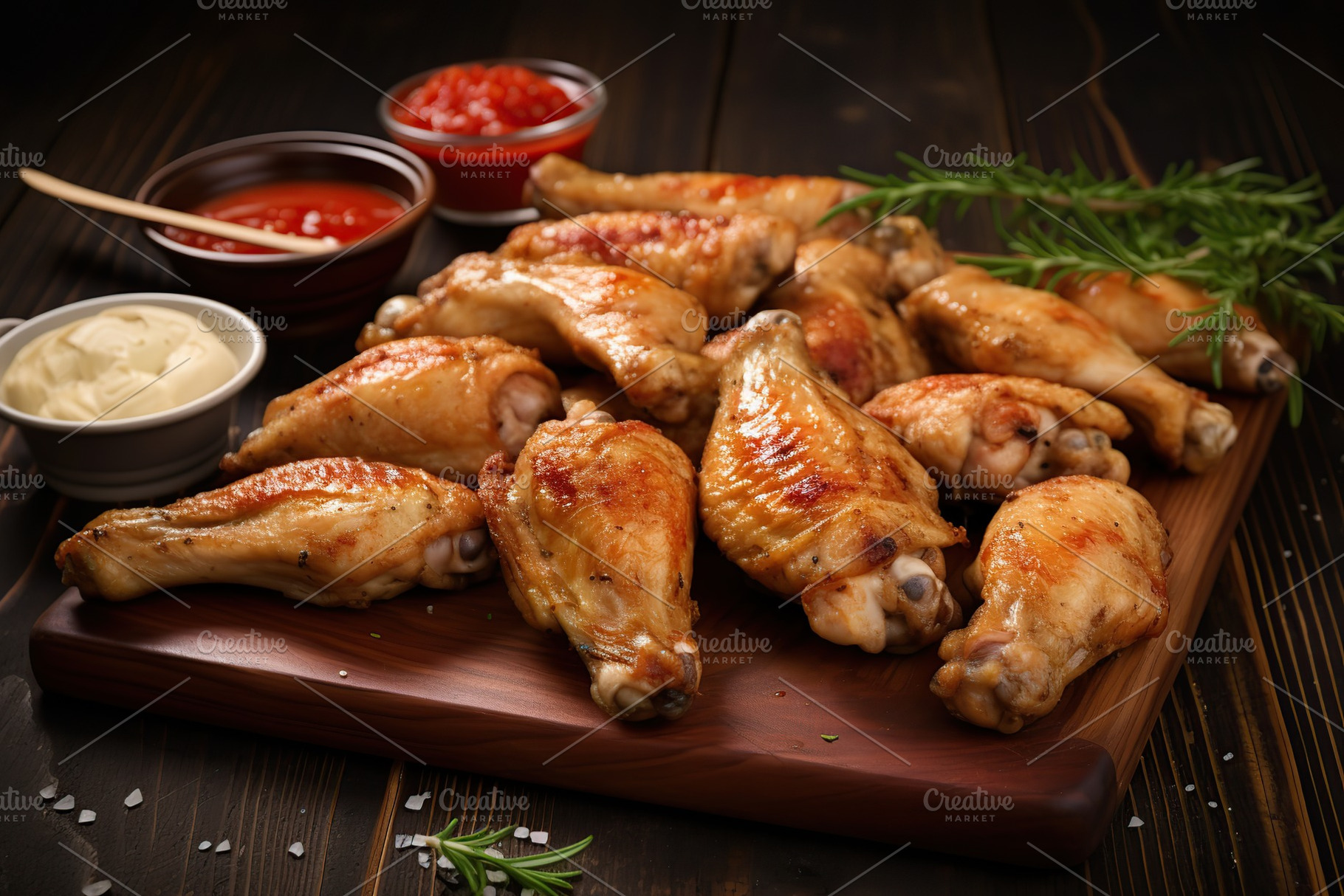 Grilled chicken legs with rosemary on brown wooden background, a Food & Drink Photo by AlyaAnd