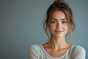 Young Caucasian woman with a warm smile, showcasing natural beauty against a so, a Person Photo by ImageMir