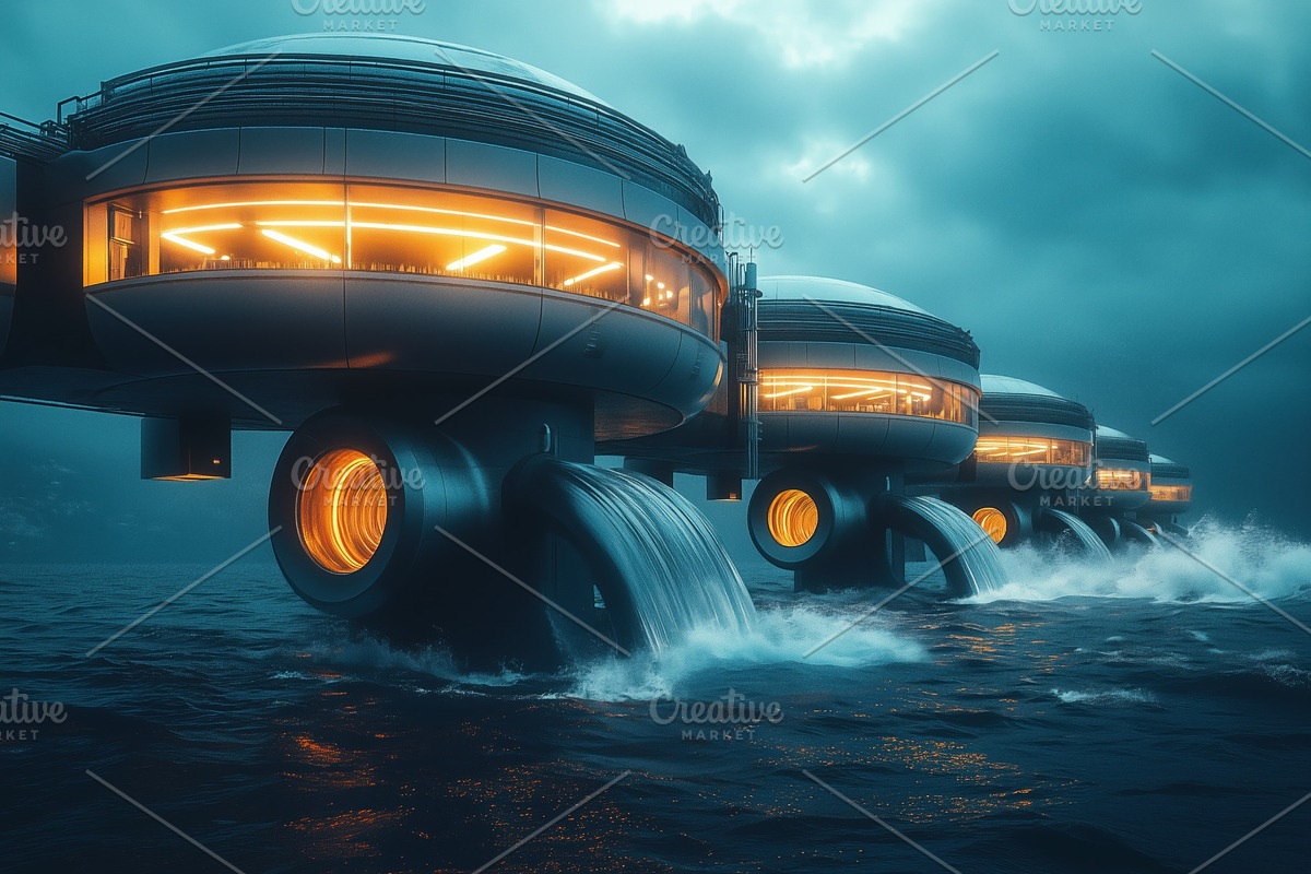 Futuristic floating structures with circular designs, illuminated by warm orang, a Technology Illustration by Textures & Backgrounds