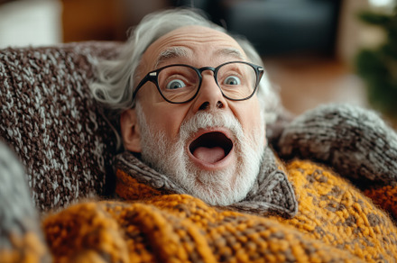 An elderly man with glasses and white hair, wearing a cozy orange sweater, is l, a Person Photo by Textures & Backgrounds