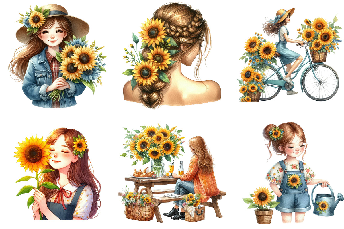 Watercolor Sunflower Woman Clipart, an Illustration by DreamArtGraphic (Photo 4 of 4)