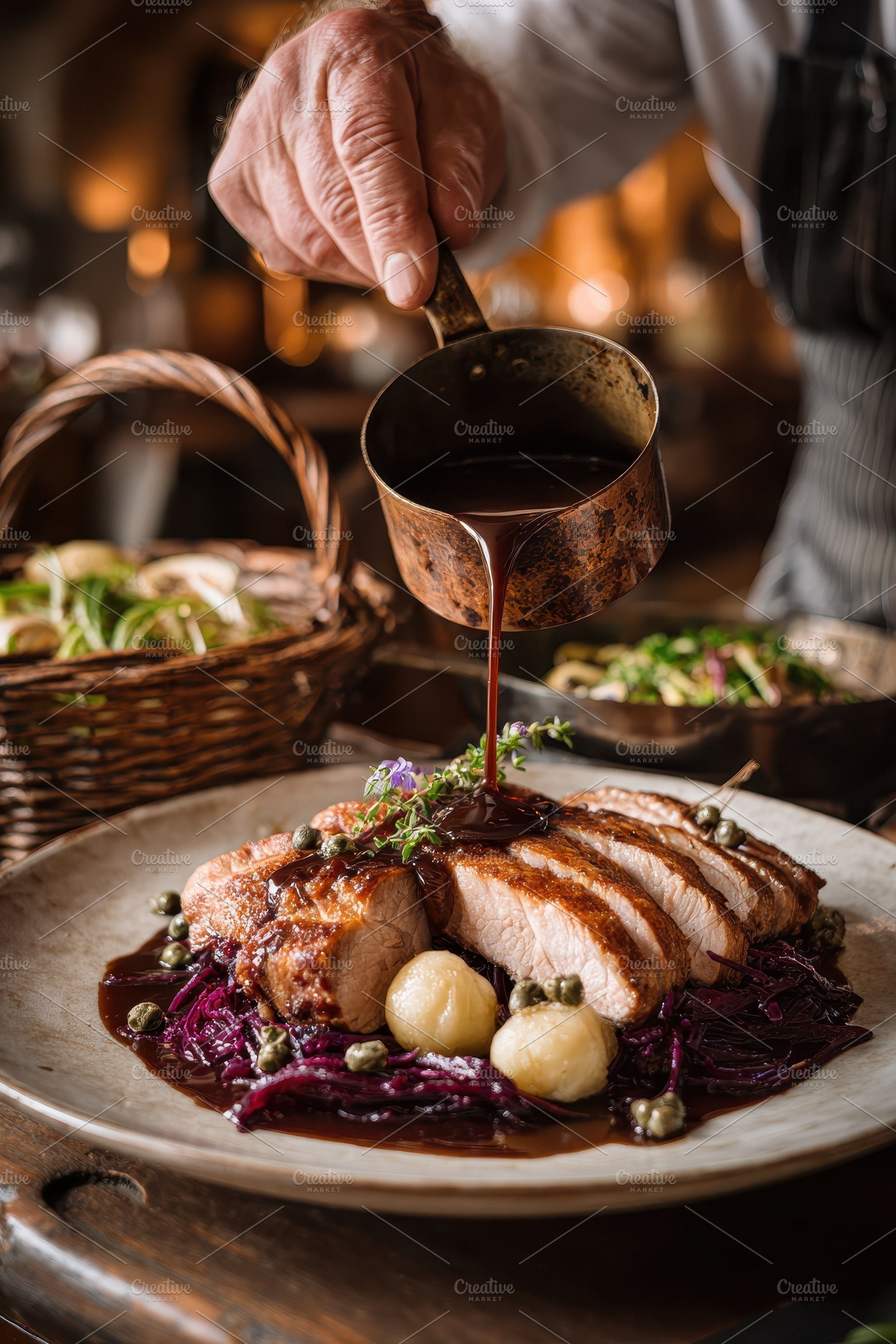 Roasted pork tenderloin with red cab, a Photo by Pixeness Studio
