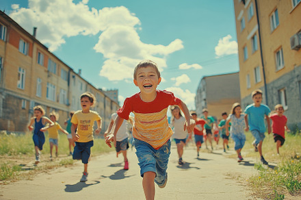 Happy boy leading a group of kids ru, a Background Photo by Pixeness