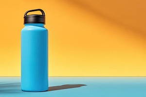 Blue Reusable Water Bottle on Warm Yellow Background Product Moc, a Beauty & Fashion Photo by José Manuel Gelpi