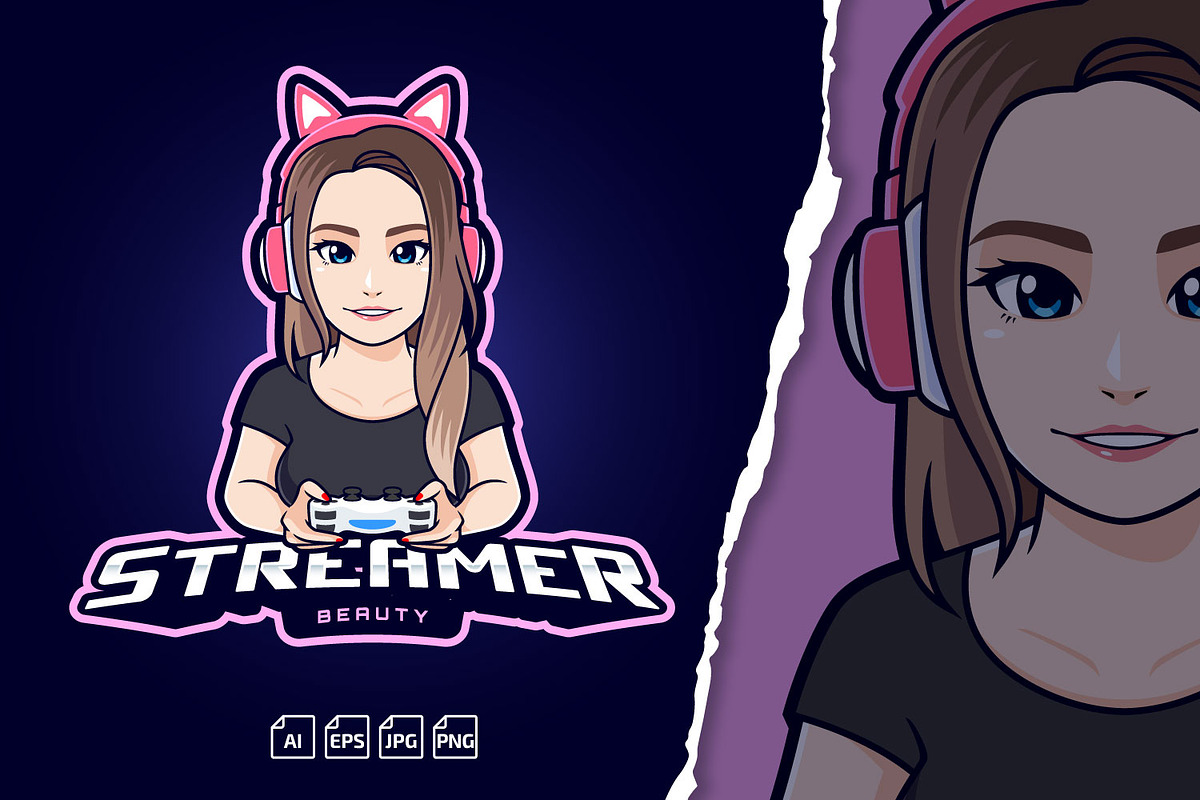 Streamer Gamer Girl Logo Editable, a Branding & Logo Template by tkzgraphic