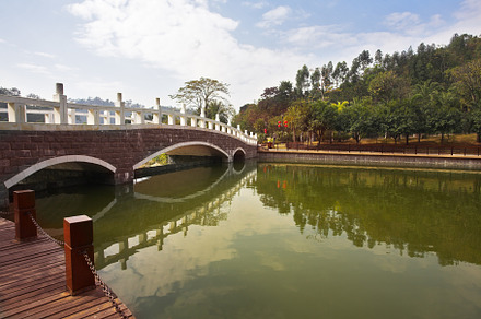 The big pool and the bridge near to hotel in the Chinese city, a Background Photo by kavram