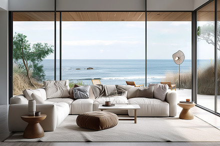 Modern living room with couch overlooking on ocean. Scandinavian interior, a Beauty & Fashion Photo by AlyaAnd