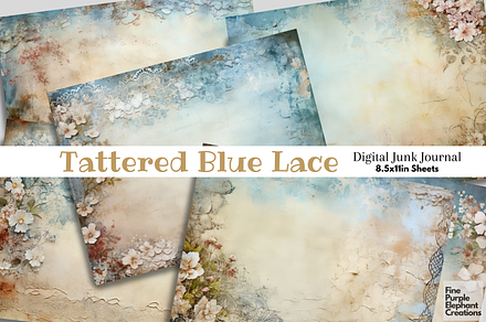 Old Tattered Blue Lace Junk Journal, a Background Graphic by Fine Purple Elephant
