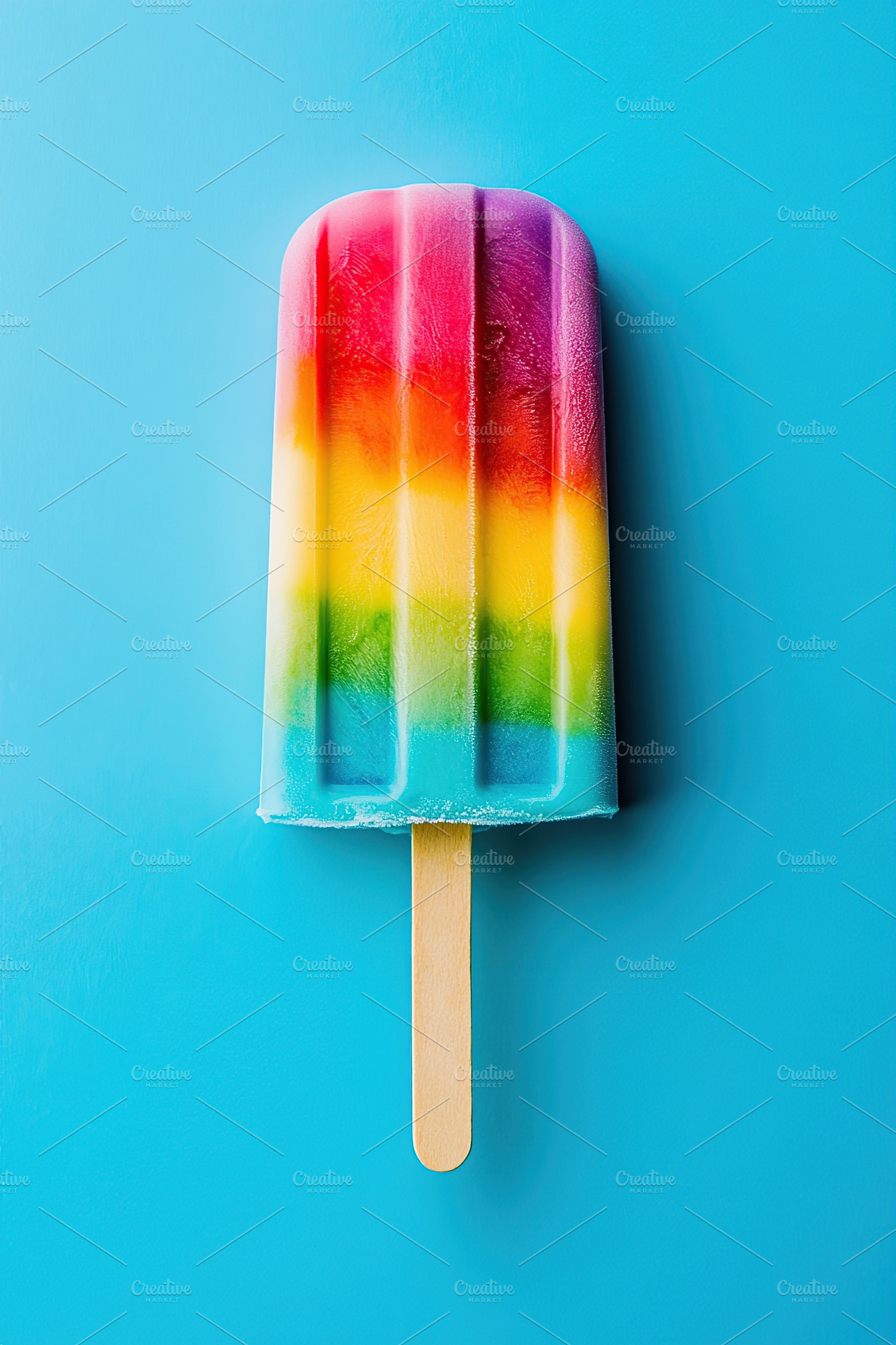 Cream popsicle featuring vibrant rainbow colors on a bright blue backdrop, a Food & Drink Photo by AlyaAnd