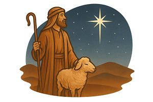 Religious shepherd and sheep under s, an Illustration by Dvoevnore photos