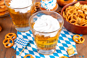 Oktoberfest dessert idea, colorful golden jelly pudding with whi, a Food & Drink Photo by Rimma