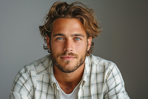 A handsome Caucasian man with striking blue eyes and tousled hair, smiling warm, a Person Photo by ImageMir